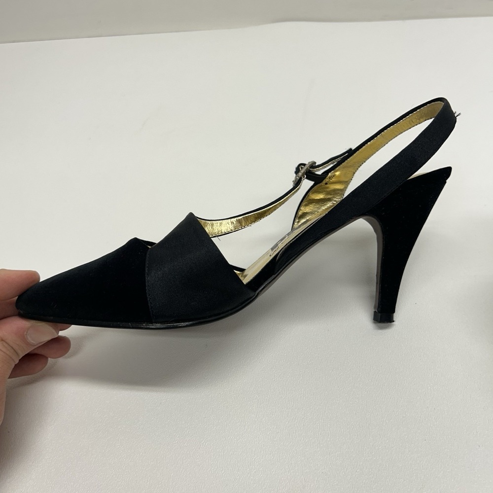 Vintage 90s PM Collection 925 Black Rhinestone Buckle Slingback Pumps Heels Sz 6 - Picture 6 of 13